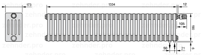 Схема (чертеж) Радиатор Zehnder Charleston 5019/29 №V002 Белый глянцевый RAL 9016